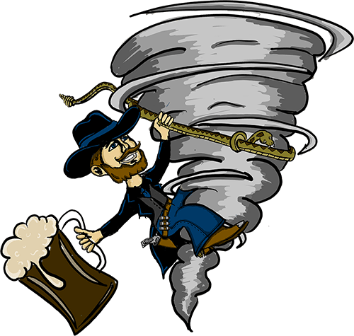 Pecos Pete character riding a tornado and holding a mug of root beer